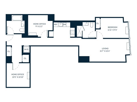 Floor plan for 1 bed, 2 baths, 1099 sqft